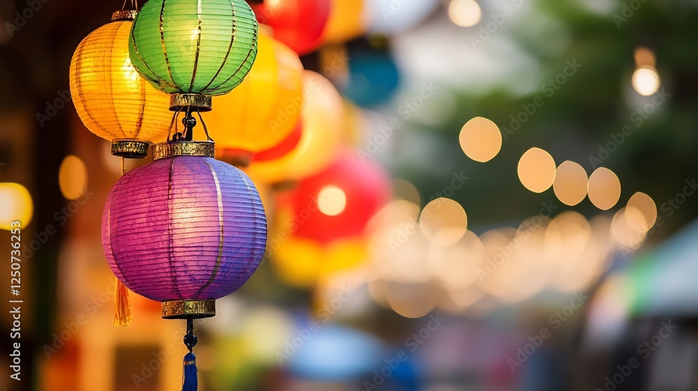 Aufkleber Colorful display of traditional lanterns creating a vibrant atmosphere against a blurred background of light : Generative AI