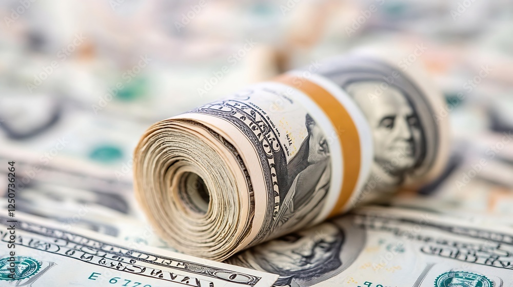 Aufkleber Closeup of a rolled bundle of hundred dollar bills on a background of more cash emphasizing wealth : Generative AI
