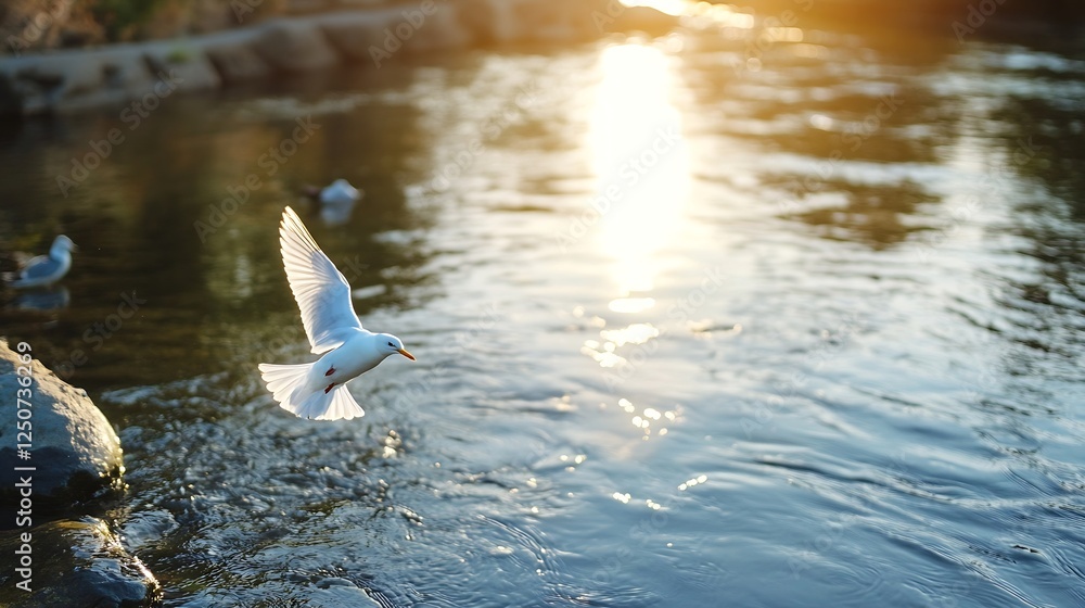 Aufkleber graceful bird soaring over sunlit river in tranquil nature scene with shimmering water reflections :
