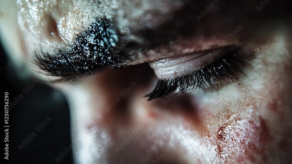 Poster Intense Close Up of a Person with Emotionally Charged Expression and Unique Skin Details : Generative AI