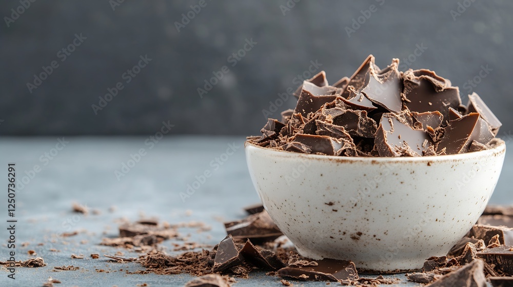 Poster bowl filled with chocolate chunks scattered on a stone surface ideal for indulgent dessert recipes :