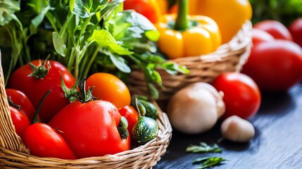Freshly harvested assortment of colorful vegetables in woven baskets on a rustic kitchen table : Generative AI