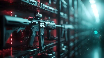Silhouette of a sleek and high tech assault rifle against a backdrop of a dimly lit military armory creating a dramatic and intense atmosphere  This image conveys a sense of power danger