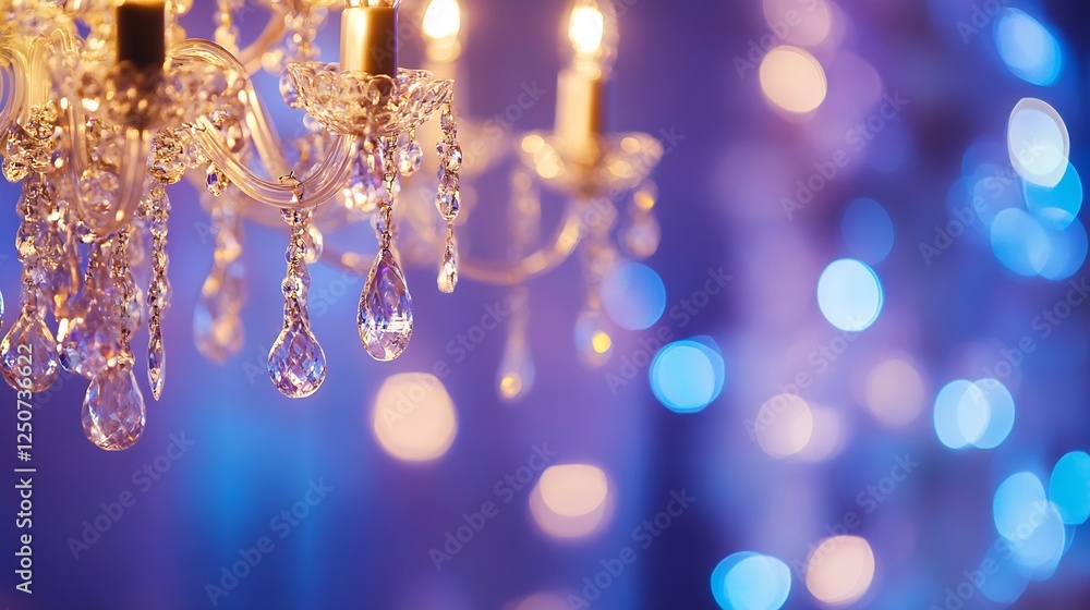 Poster Closeup view of a crystal chandelier with shimmering lights and colorful bokeh background creating an elegant atmosphere : Generative AI