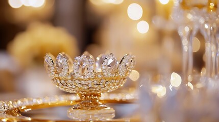 Elegant golden crystal decorative bowl shining with soft bokeh lights in a luxurious setting : Generative AI