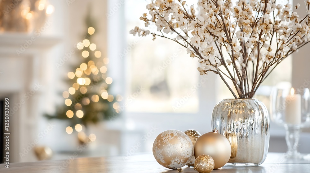 Poster Elegant holiday table setting with decorated branches and golden ornaments creating a cozy atmosphere : Generative AI