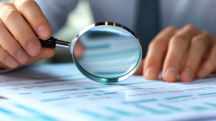 Close examination of financial documents and investment strategies using a magnifying glass