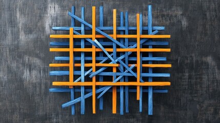 Abstract grid of crisscrossed blue and orange sticks on dark background.