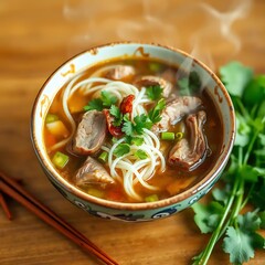 Steaming Bowl Of Beef Noodle Soup With Herbs