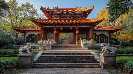 Obraz premium Traditional Asian architecture with vibrant autumn foliage and stone guardians