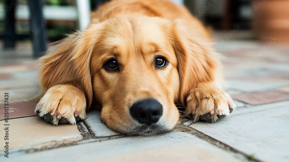 Poster Adorable golden retriever resting on the floor with a sad expression capturing hearts and affection : Generative AI