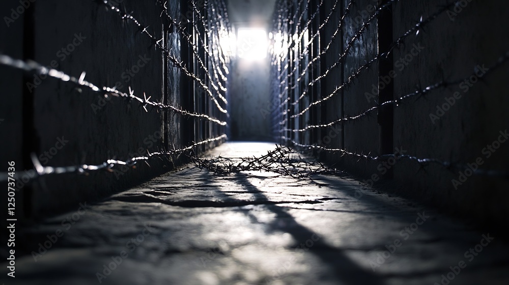 Poster Dimly lit corridor featuring barbed wire and shadows creating a mysterious atmosphere : Generative AI