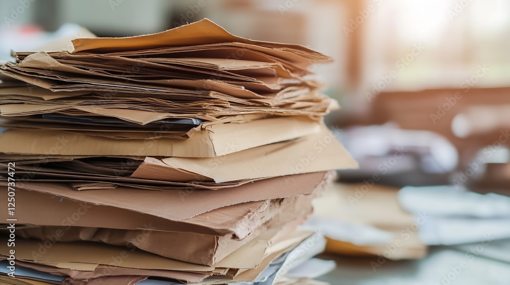 Poster disorganized stack of paperwork clutter occupying a desk space in a casual office environment : gene