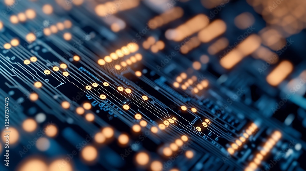 Poster abstract close up of a futuristic circuit board glowing with bright orange lights and intricate deta
