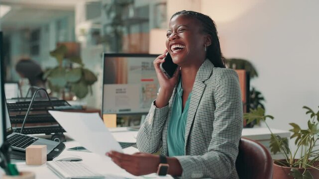 Documents, editor and phone call with black woman in office of magazine company for proofreading article. Communication, paper and smile with business person in publishing workplace for decision