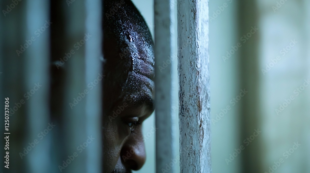Poster Intense closeup of a focused man's face peeking through rusty bars filled with emotion and deep thought in dim light : Generative AI