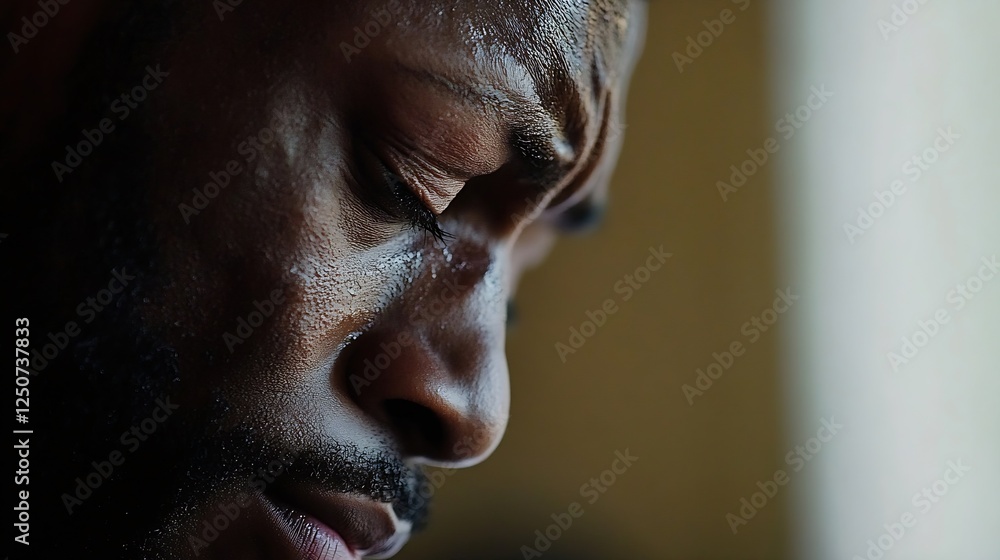 Aufkleber Closeup portrait of a man expressing deep emotional pain and reflection captured in soft natural light : Generative AI