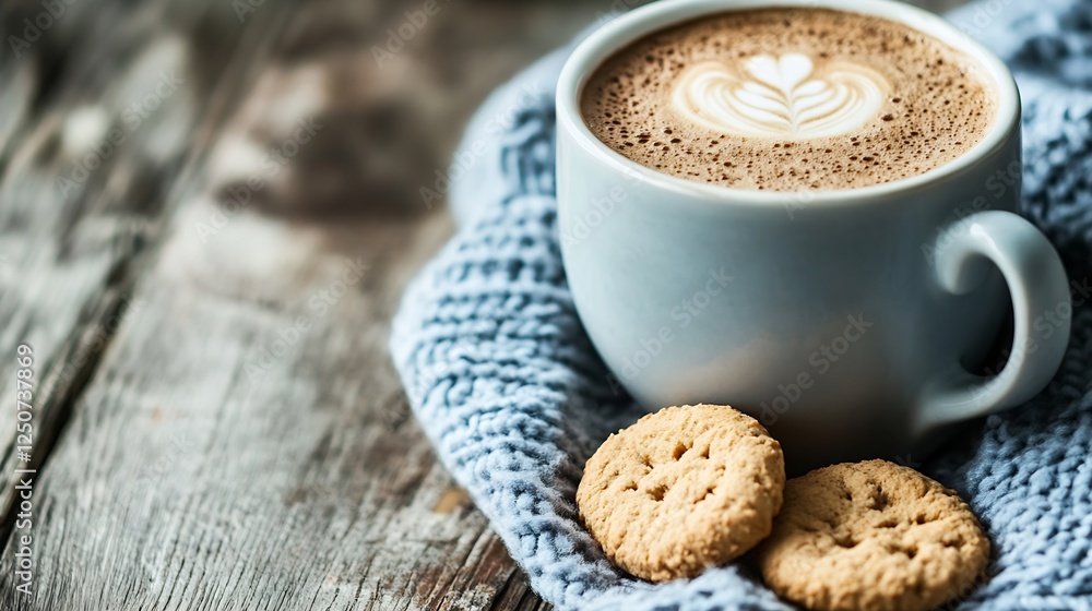 Poster delicious creamy coffee with beautiful latte art and cookies on a rustic wooden table : generative a
