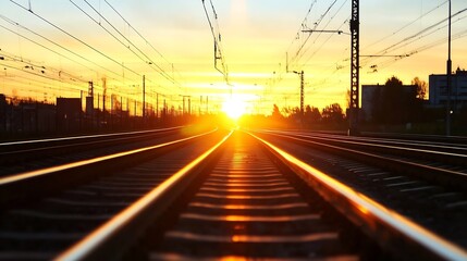 Fototapeta premium Glistening sunset illuminating train tracks as the day transitions into night : Generative AI