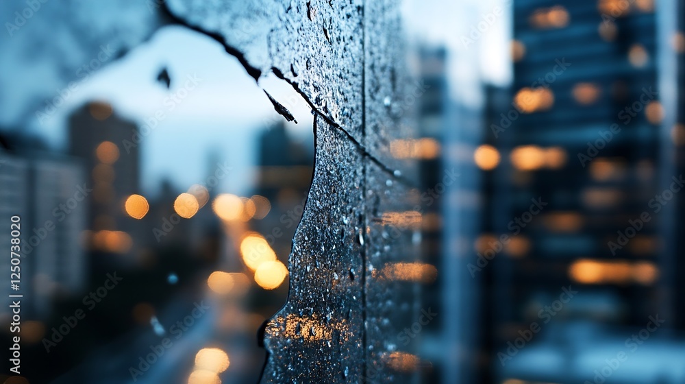 Poster closeup of rain droplets on a glass pane reflecting colorful city lights in an urban setting : gener