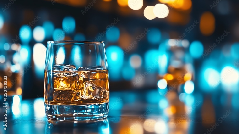 Poster Stylish Glass of Whiskey with Ice Cubes Set Against a Vibrant Background of Bokeh Lights : Generative AI
