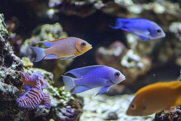 Fototapeta premium Colorful fish swim joyfully around coral reef in vibrant underwater habitat