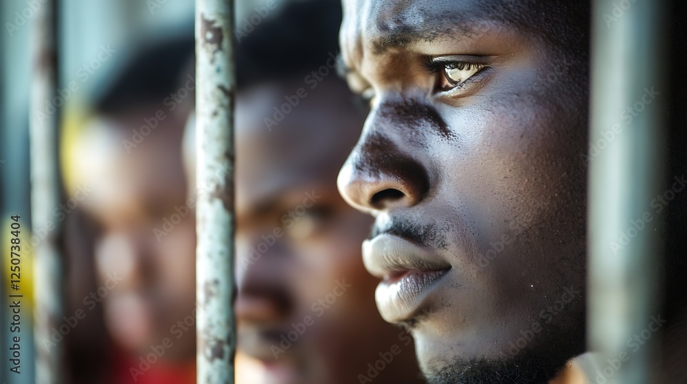 Poster expressive portrait of a young man gazing through bars highlighting emotion and confinement : genera