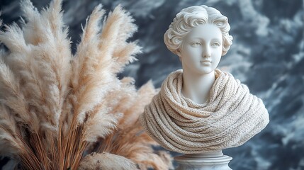 Obraz premium Classical bust sculpture wearing a knit scarf, beside pampas grass.