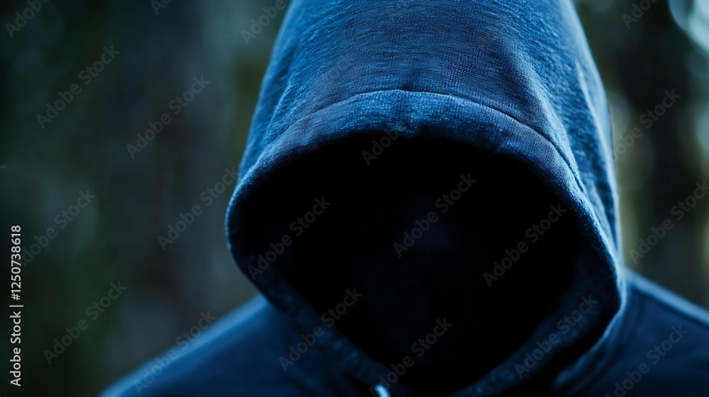 Poster mysterious figure wearing a dark hoodie with a hidden face cloaked in shadows and intrigue : generat