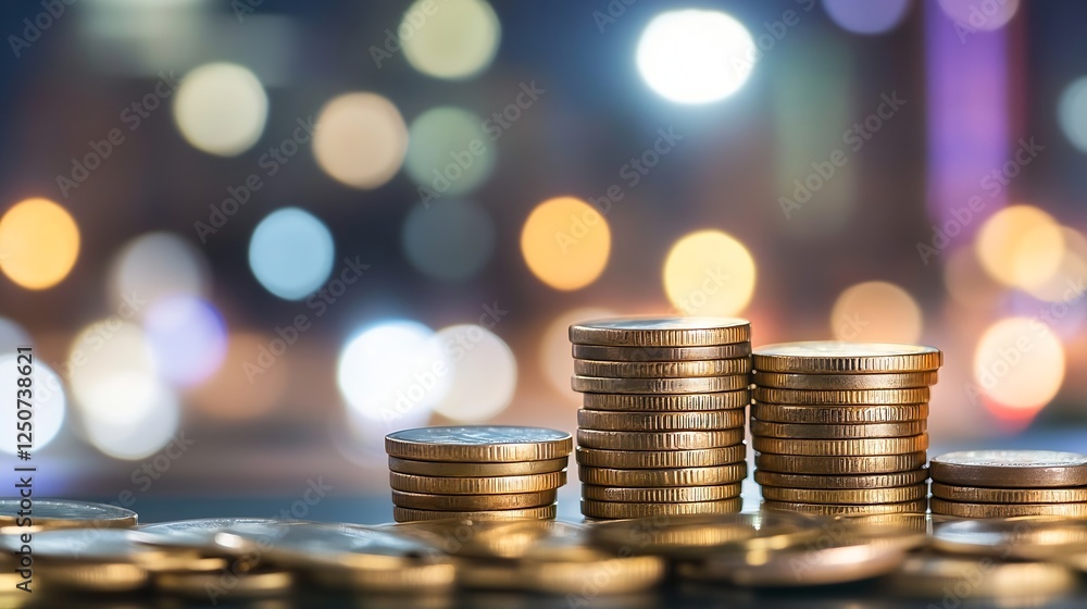 Fototapete Stacks of Shiny Gold Coins with Blurred Colorful Background Representing Wealth and Investment : Generative AI