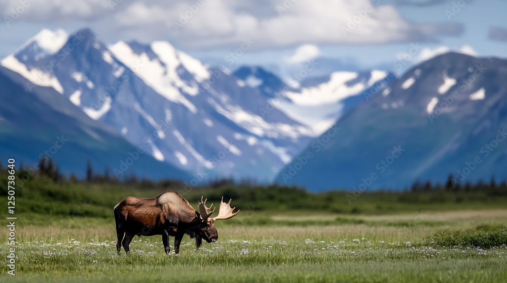 Poster Majestic Moose Standing in a Field with SnowCapped Mountains in the Background : Generative AI