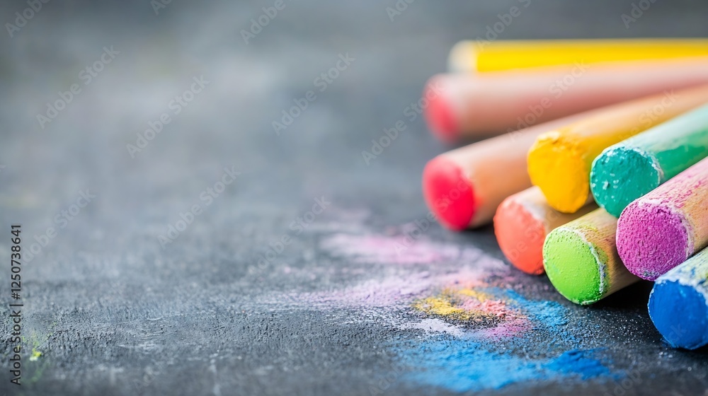 Poster colorful chalk sticks arranged neatly on a dark surface ready for artistic creations : generative ai