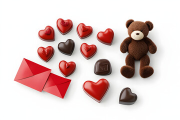 set of heart-shaped chocolates, love letter, and teddy bear isolated on a white background. Valentine's Day concept