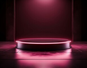 Pink neon light product background stage or podium pedestal on grunge street floor with glow spotlight and blank display platform. 3D rendering.