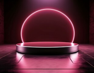 Pink neon light product background stage or podium pedestal on grunge street floor with glow spotlight and blank display platform. 3D rendering.