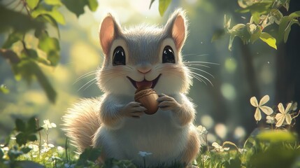 Fototapeta premium Adorable Grey Squirrel Eating Nut in Lush Green Forest, Perfect for Nature and Wildlife Wallpapers