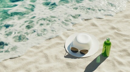 Summer beach scene with hat, sunglasses, and drink.
