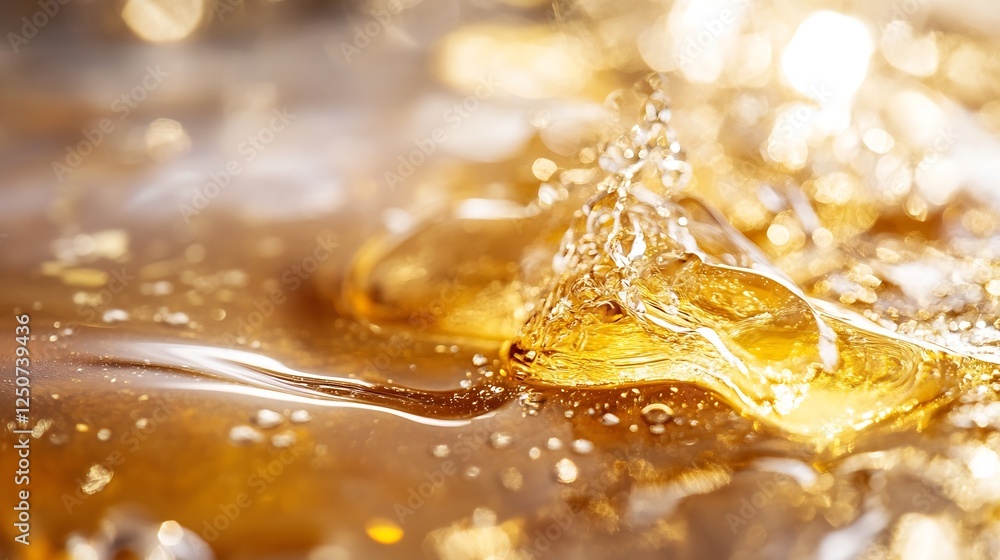 Poster golden liquid splashes as it flows gracefully creating ripples in bright sunlight : generative ai