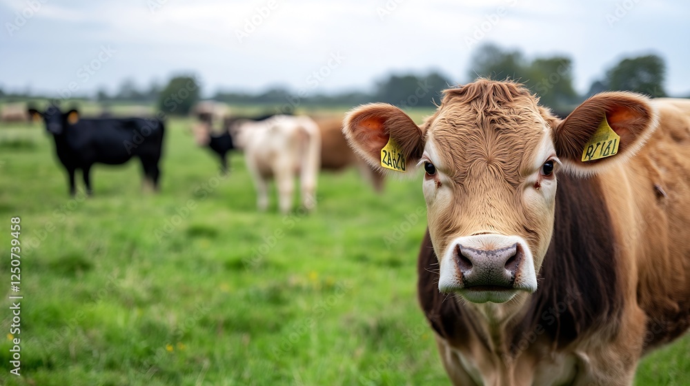 Aufkleber curious brown cow looking directly at the camera while grazing with other cows in a lush green field