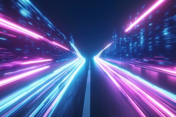 Futuristic neon cityscape with vibrant light trails at night