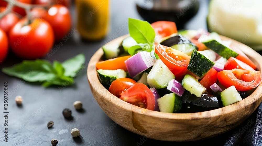 Poster fresh and colorful vegetable salad with vibrant ingredients and rich textures displayed in a bowl : 