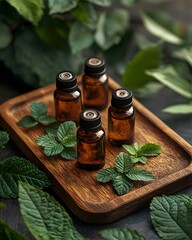 Essential oils in amber bottles surrounded by fresh mint leaves on a wooden tray
