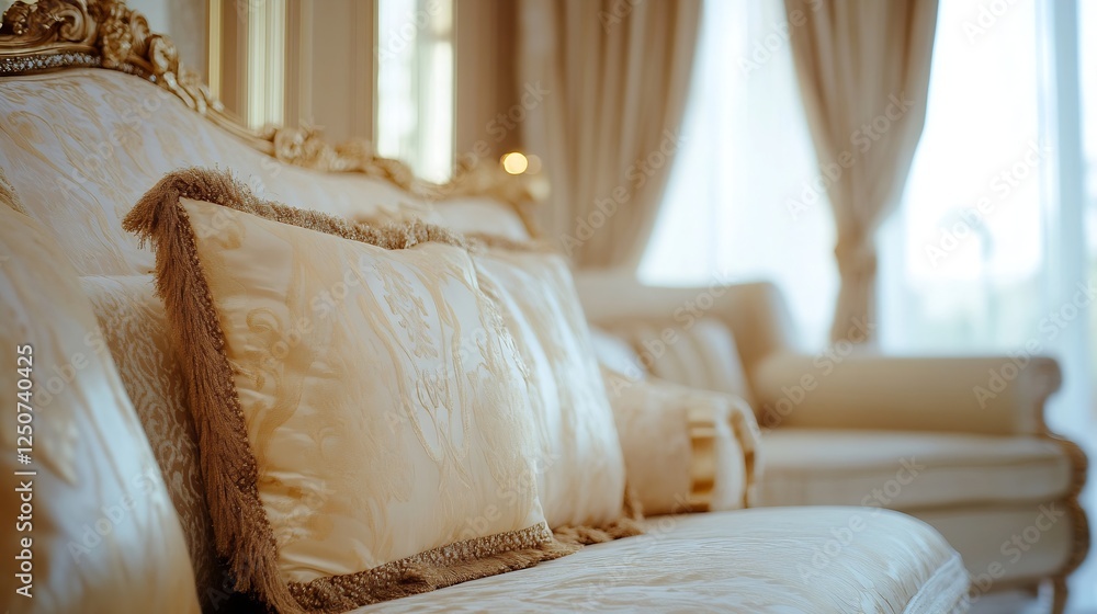 Poster an inviting and elegant living room with plush golden couch adorned with decorative pillows and soft
