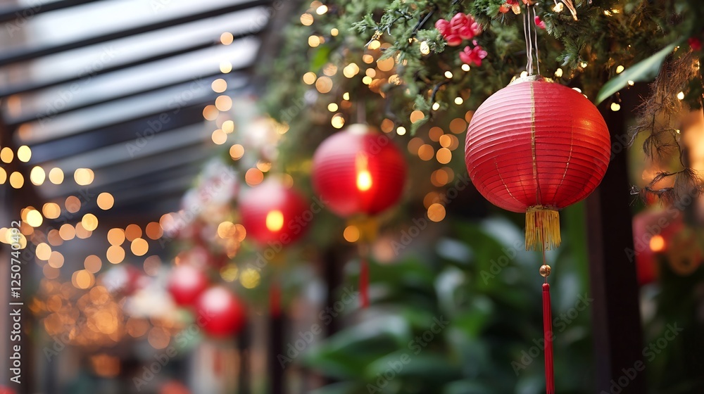 Poster Colorful traditional Chinese lanterns beautifully illuminated in a festive setting creating a joyous atmosphere : Generative AI