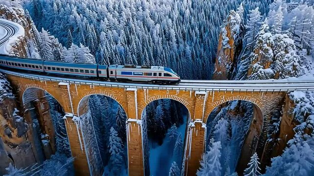 Majestic winter train journey over snow-covered viaduct in stunning mountain scenery