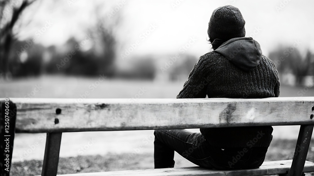 Poster man in a warm sweater sitting alone on a bench surrounded by nature in monochrome : generative ai