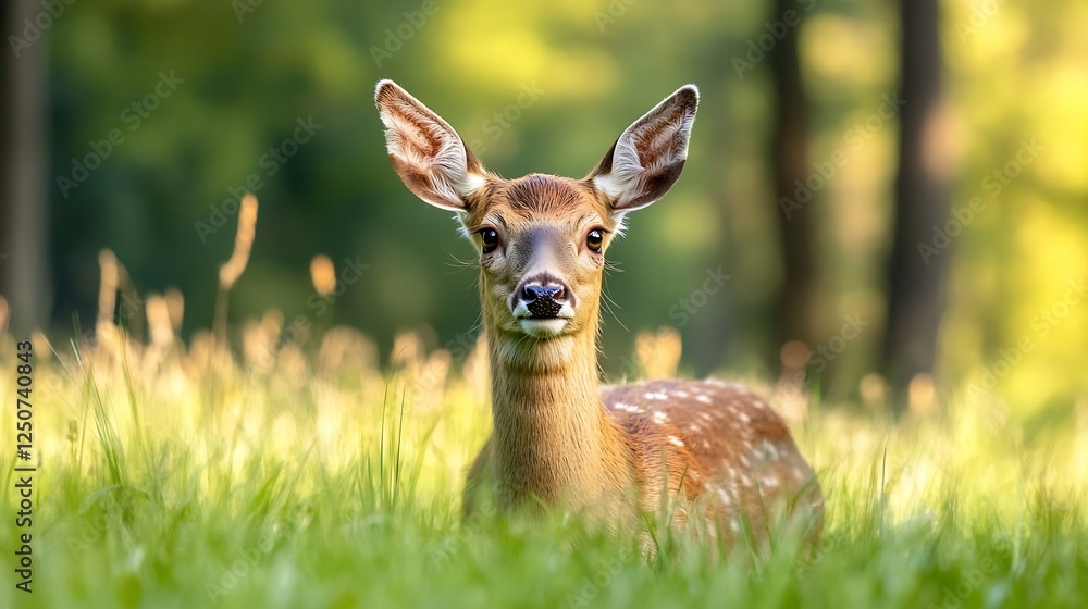 Poster beautiful young deer gracefully resting in a vibrant green forest with soft sunlight filtering throu
