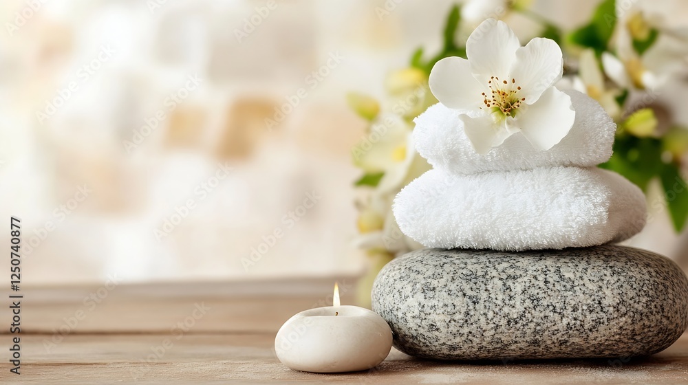 Aufkleber relaxing spa setup with towels flowers and candles for calm atmosphere : generative ai