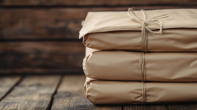 Three neatly wrapped packages tied with string resting on a rustic wooden table : Generative AI