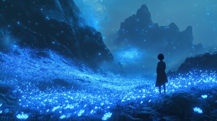 Fototapeta premium Fantasy Landscape with Blue Glowing Rocks, Ideal for Digital Art, Wallpaper, or Game Design